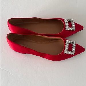 J. Crew Red Satin Flats with Pearl Buckle